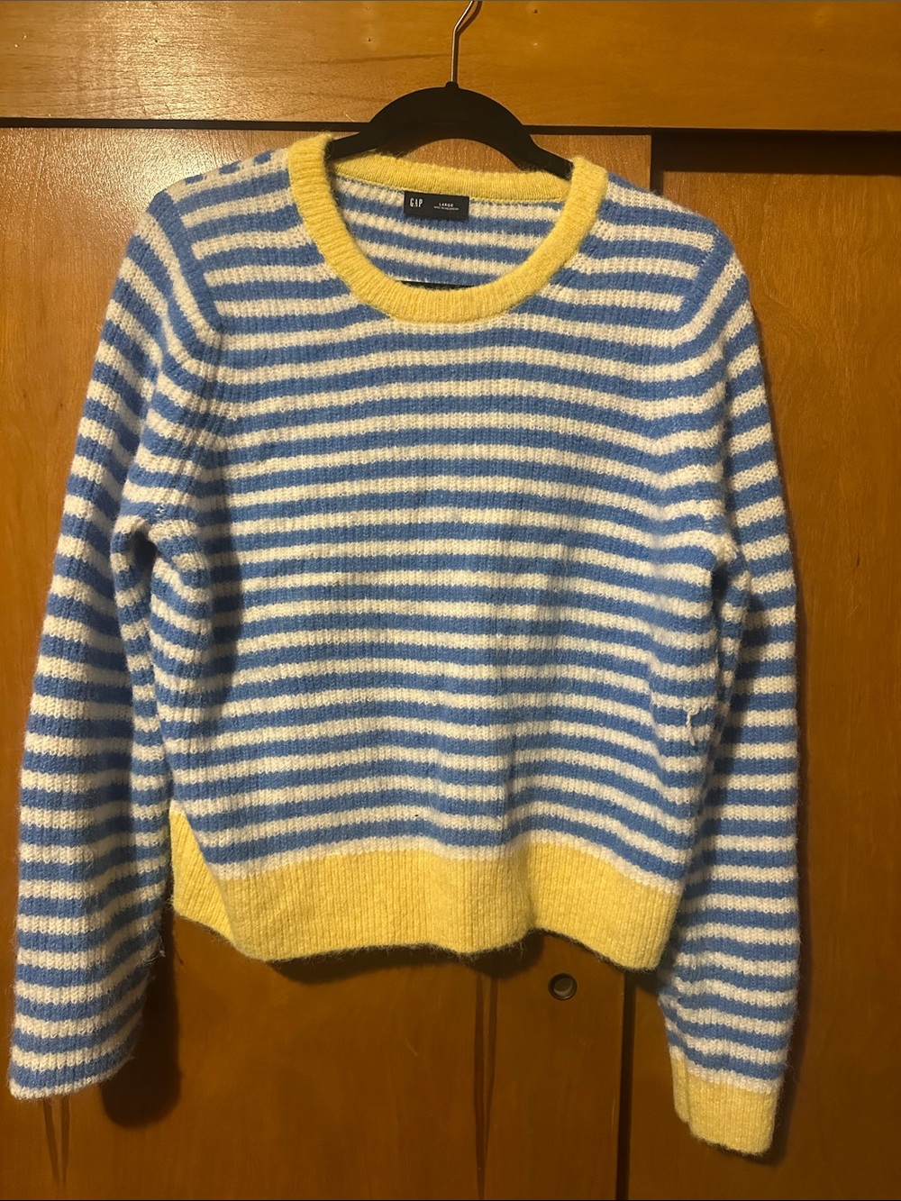 GAP Blue & White Striped Crewneck Sweater with Yellow Trim